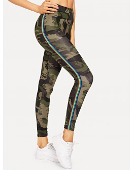 Camo Print Striped Tape Side Leggings