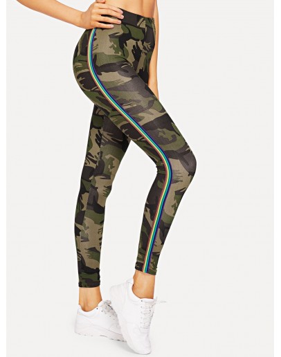 Camo Print Striped Tape Side Leggings