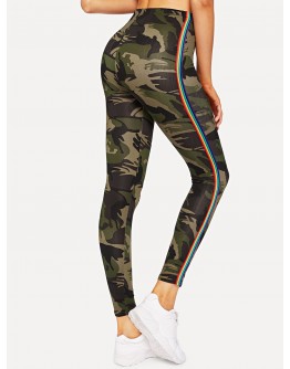 Camo Print Striped Tape Side Leggings