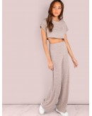 Heathered Sporty Crop &amp; Wide Leg Pants Set BLUSH