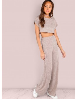 Heathered Sporty Crop &amp; Wide Leg Pants Set BLUSH