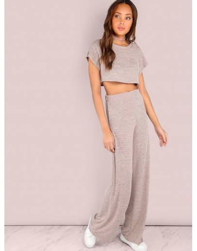 Heathered Sporty Crop &amp; Wide Leg Pants Set BLUSH