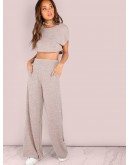 Heathered Sporty Crop &amp; Wide Leg Pants Set BLUSH