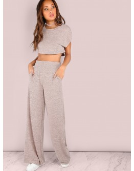 Heathered Sporty Crop &amp; Wide Leg Pants Set BLUSH