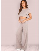 Heathered Sporty Crop &amp; Wide Leg Pants Set BLUSH