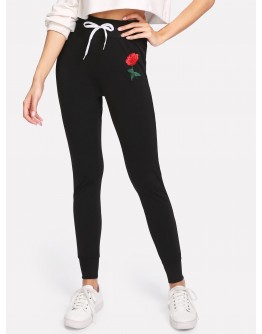 Rose Appliques Drawstring Skinny Pants