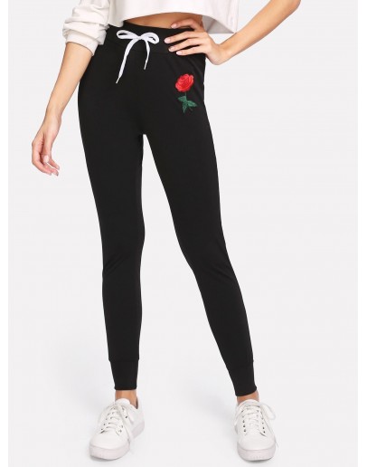 Rose Appliques Drawstring Skinny Pants