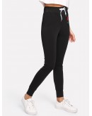 Rose Appliques Drawstring Skinny Pants