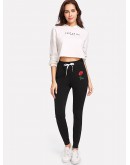 Rose Appliques Drawstring Skinny Pants