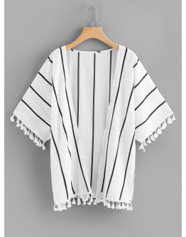 Tassel Trim Striped Kimono