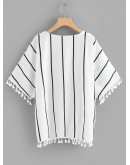 Tassel Trim Striped Kimono