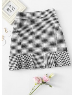 Ruffle Hem Checked Zip Up Skirt