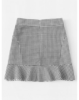 Ruffle Hem Checked Zip Up Skirt