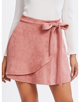 Self Belted Suede Staggered Skirt