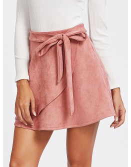 Self Belted Suede Staggered Skirt