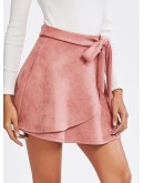 Self Belted Suede Staggered Skirt