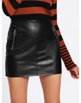 O-Ring Zip Detail Faux Leather Skirt