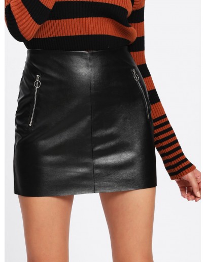 O-Ring Zip Detail Faux Leather Skirt