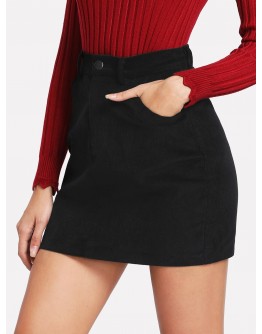 Zip Up Pockets Front Corduroy Skirt