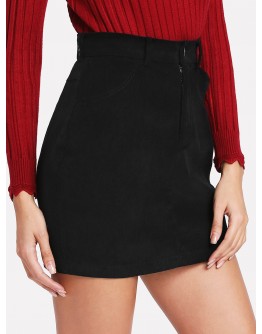 Zip Up Pockets Front Corduroy Skirt