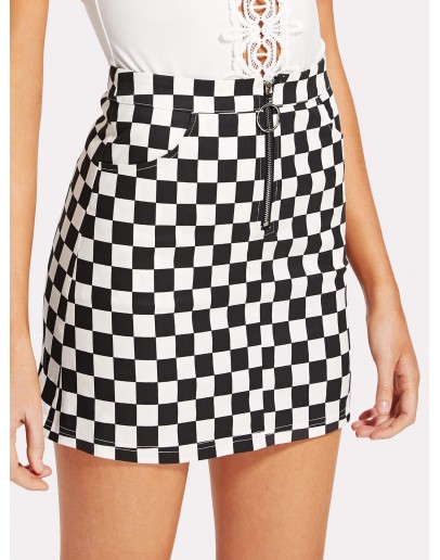 O-Ring Zipper Front Plaid Skirt