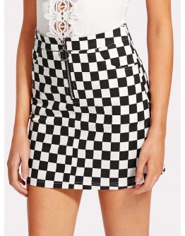 O-Ring Zipper Front Plaid Skirt