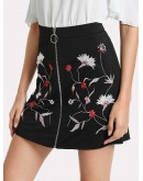 Botanical Embroidery Zipper Up Skirt