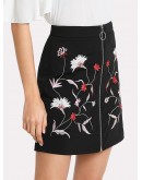 Botanical Embroidery Zipper Up Skirt