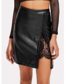 Contrast Eyelash Lace PU Skirt