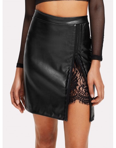 Contrast Eyelash Lace PU Skirt