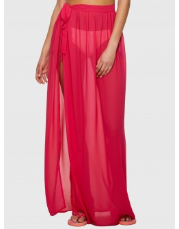 Neon Pink Slit Side Semi Sheer Knot Cover Up Skirt