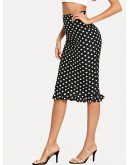 Slit Back Ruffle Hem Polka Dot Skirt