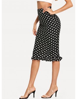 Slit Back Ruffle Hem Polka Dot Skirt