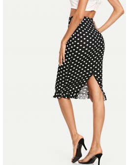 Slit Back Ruffle Hem Polka Dot Skirt