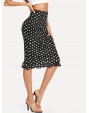 Slit Back Ruffle Hem Polka Dot Skirt