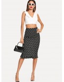 Slit Back Ruffle Hem Polka Dot Skirt