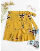 Knot Side Floral Print Ruffle Hem Skirt