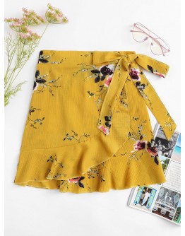 Knot Side Floral Print Ruffle Hem Skirt