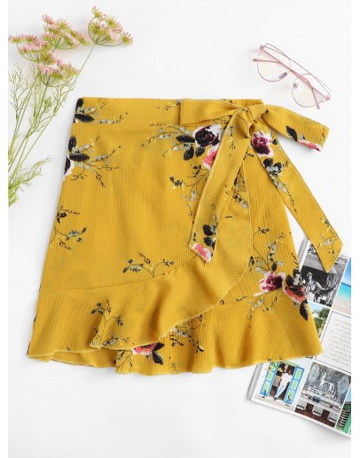 Knot Side Floral Print Ruffle Hem Skirt