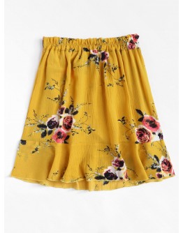 Knot Side Floral Print Ruffle Hem Skirt