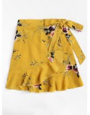 Knot Side Floral Print Ruffle Hem Skirt