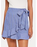 Ruffle Trim Knot Front Striped Wrap Skirt