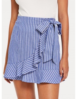 Ruffle Trim Knot Front Striped Wrap Skirt