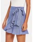 Ruffle Trim Knot Front Striped Wrap Skirt