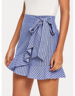 Ruffle Trim Knot Front Striped Wrap Skirt