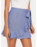 Ruffle Trim Knot Front Striped Wrap Skirt