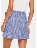 Ruffle Trim Knot Front Striped Wrap Skirt