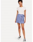 Ruffle Trim Knot Front Striped Wrap Skirt