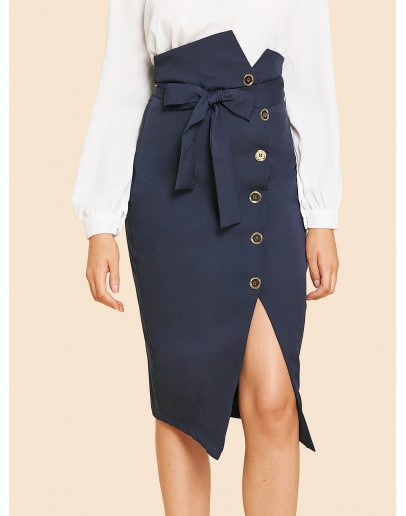 Button Up Slit Hem Belted Skirt