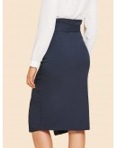 Button Up Slit Hem Belted Skirt